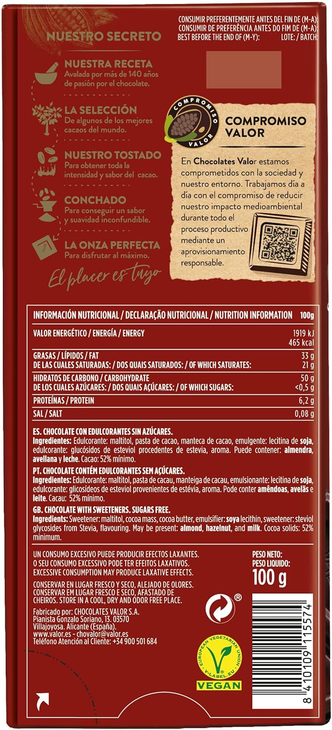 Valor 0% Azúcares Añadidos Chocolate Puro 100G