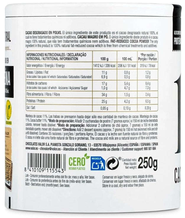 Valor Cacao Puro Natural 100% 250G