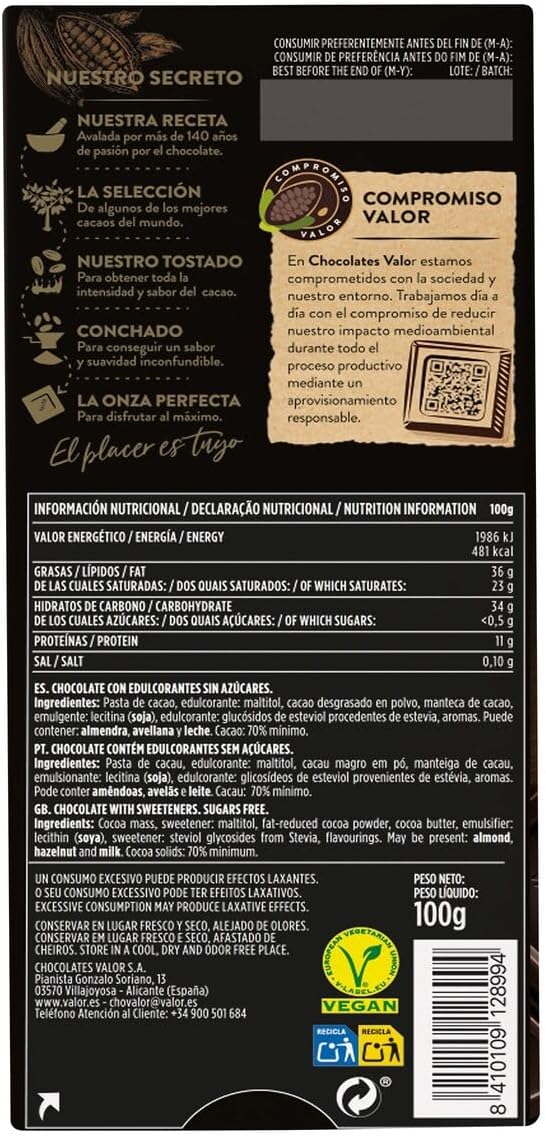 Valor Chocolate Negro 70% Cacao 0% Azúcares Añadidos 100G