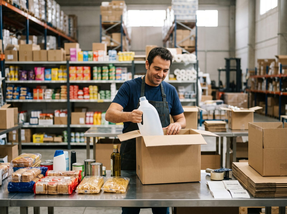 Preparación de un pedido del supermercado online en el almacén
